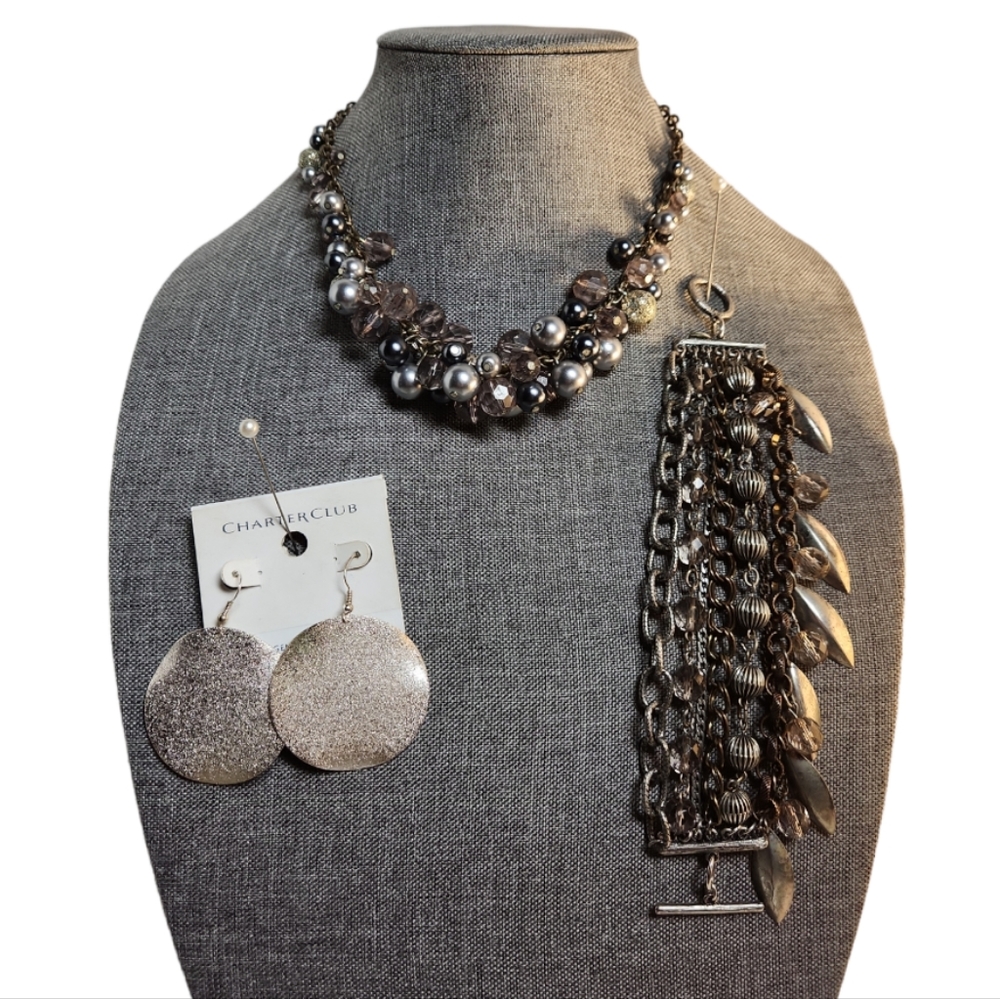 BUNDLE SILVER TONE BEAD BALL & CHAIN NECKLACE SET & EARRINGS